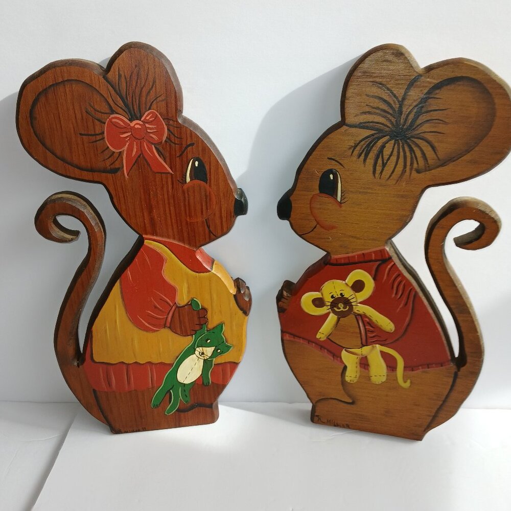 2 Vintage handmade wood mice wall hangings 11.25"x6"